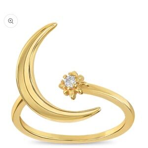 Gold Plated Crescent Moon & Starburst CZ Open Ring - Celestial Adjustable
